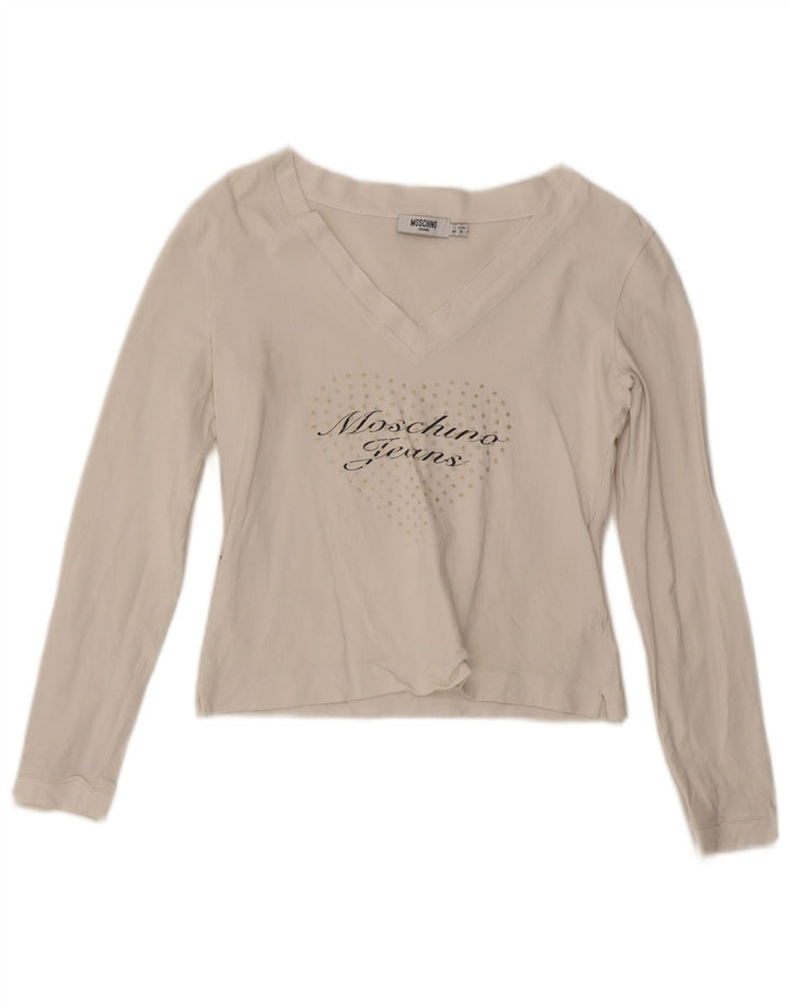 Moschino Womens Crop Graphic Top Long Sleeve UK 14 Medium White Cotton