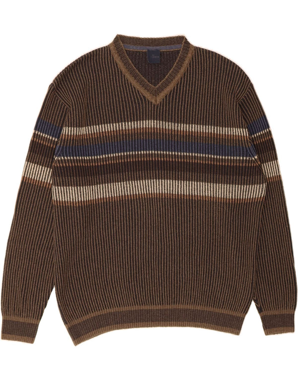 ENGBERS Mens V-Neck Jumper Sweater Large Brown Striped Cotton