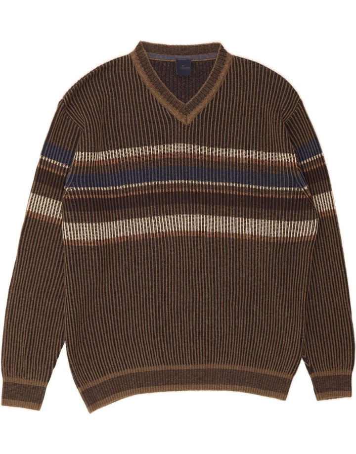 ENGBERS Mens V-Neck Jumper Sweater Large Brown Striped Cotton