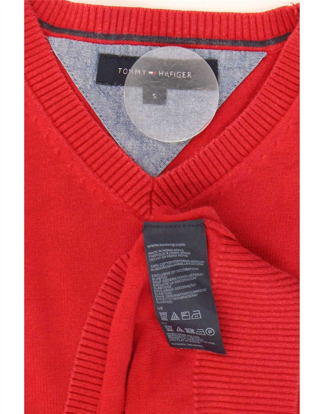 Tommy Hilfiger Mens V-Neck Jumper Sweater Small Red Cotton