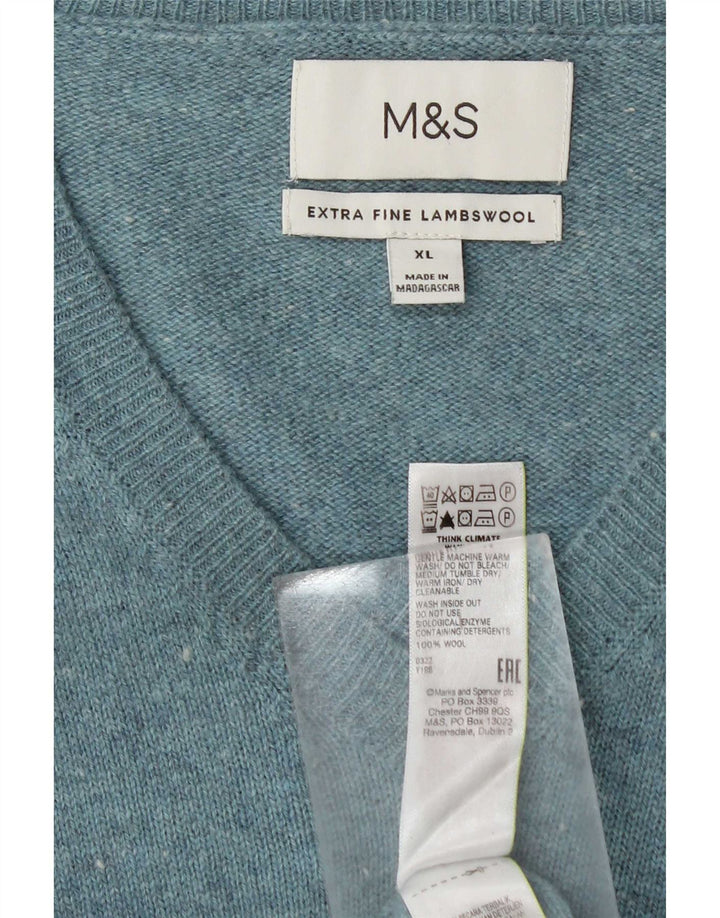 Marks & Spencer Mens V-Neck Jumper Sweater XL Blue Flecked Lambswool
