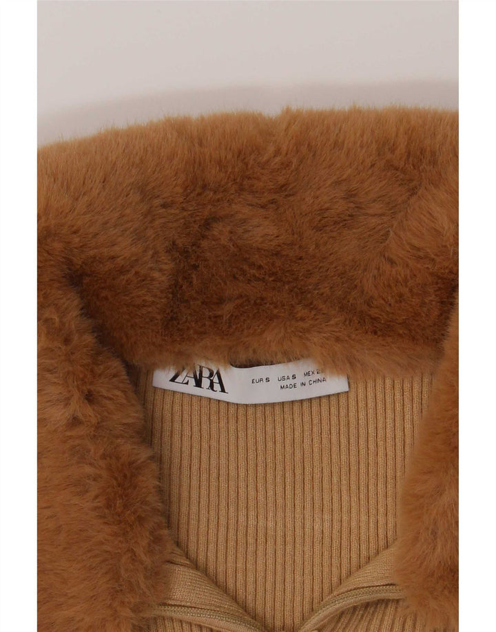 Zara Womens Crop Top Long Sleeve UK 8 Small Beige