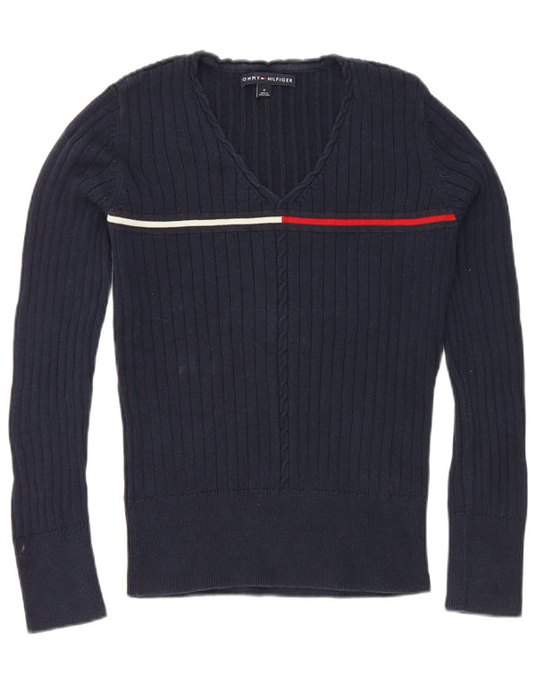 Tommy Hilfiger Womens V-Neck Jumper Sweater UK 12 Medium Navy Blue Cotton