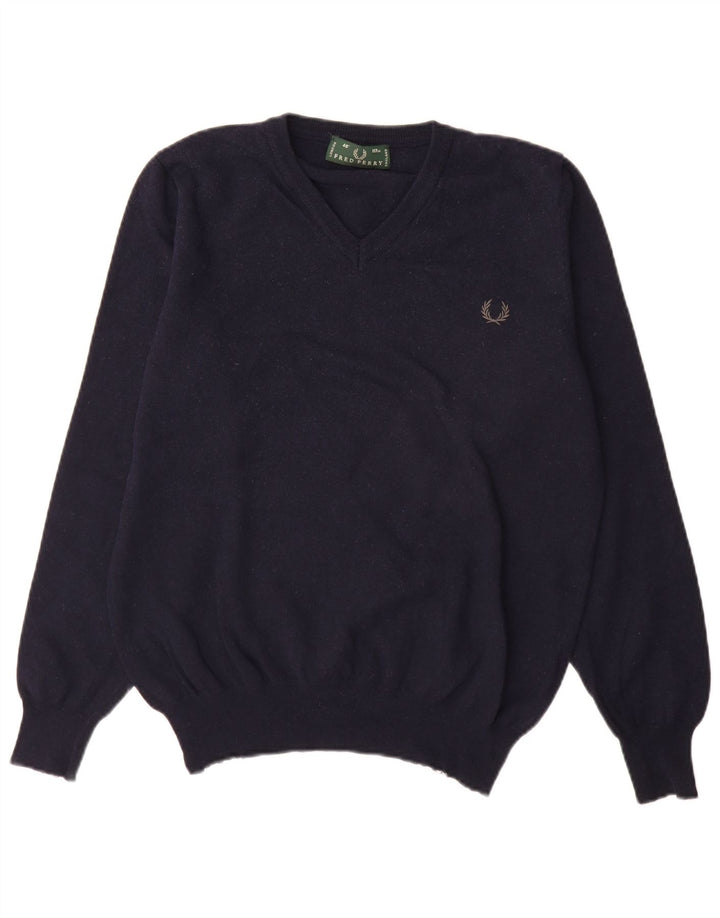 Fred Perry Mens V-Neck Jumper Sweater Large Navy Blue Wool