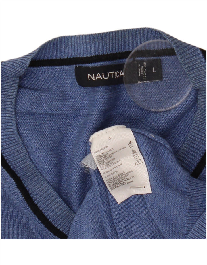 Nautica Mens V-Neck Jumper Sweater Large Blue Cotton
