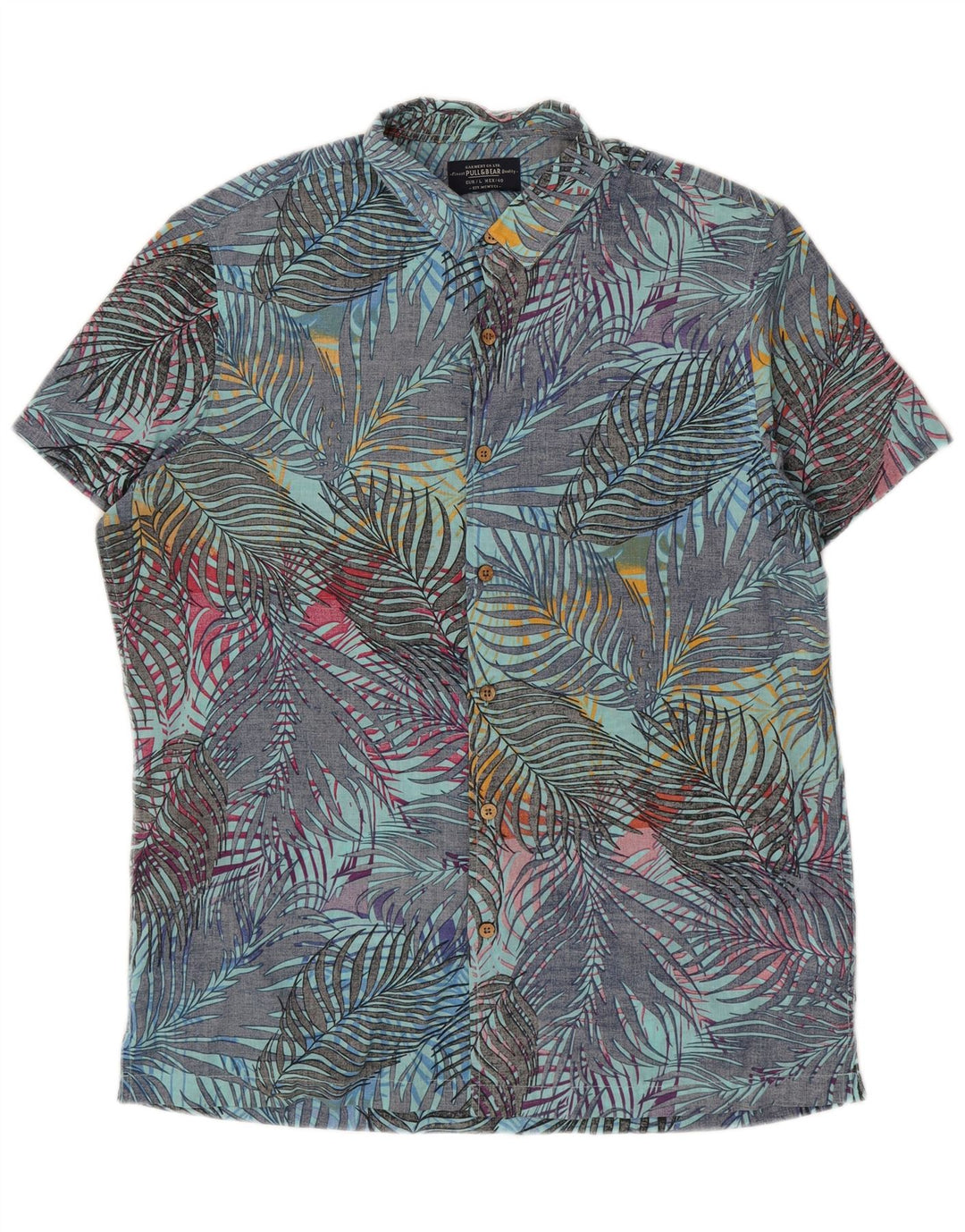 Pull & Bear Mens Short Sleeve Shirt Large Blue Floral Cotton Hawaiian