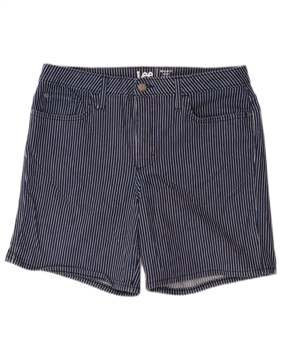 LEE Womens Mid Rise Casual Shorts US 12 Large W32 Navy Blue Pinstripe