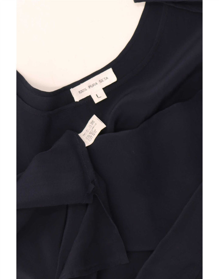 Vintage Womens Blouse Top UK 16 Large Navy Blue Silk