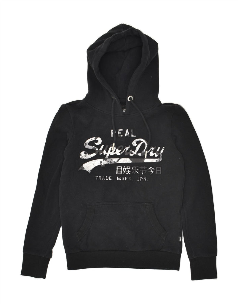 SUPERDRY Womens Graphic Hoodie Jumper UK 8 Small Black Cotton | Vintage Superdry | Thrift | Second-Hand Superdry | Used Clothing | Messina Hembry 