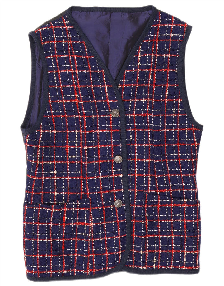 Vintage Womens Longline Waistcoat UK 14 Large Navy Blue Check