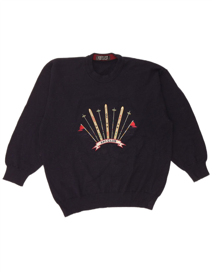 Jaeger Mens Graphic Crew Neck Jumper Sweater Large Navy Blue Wool
