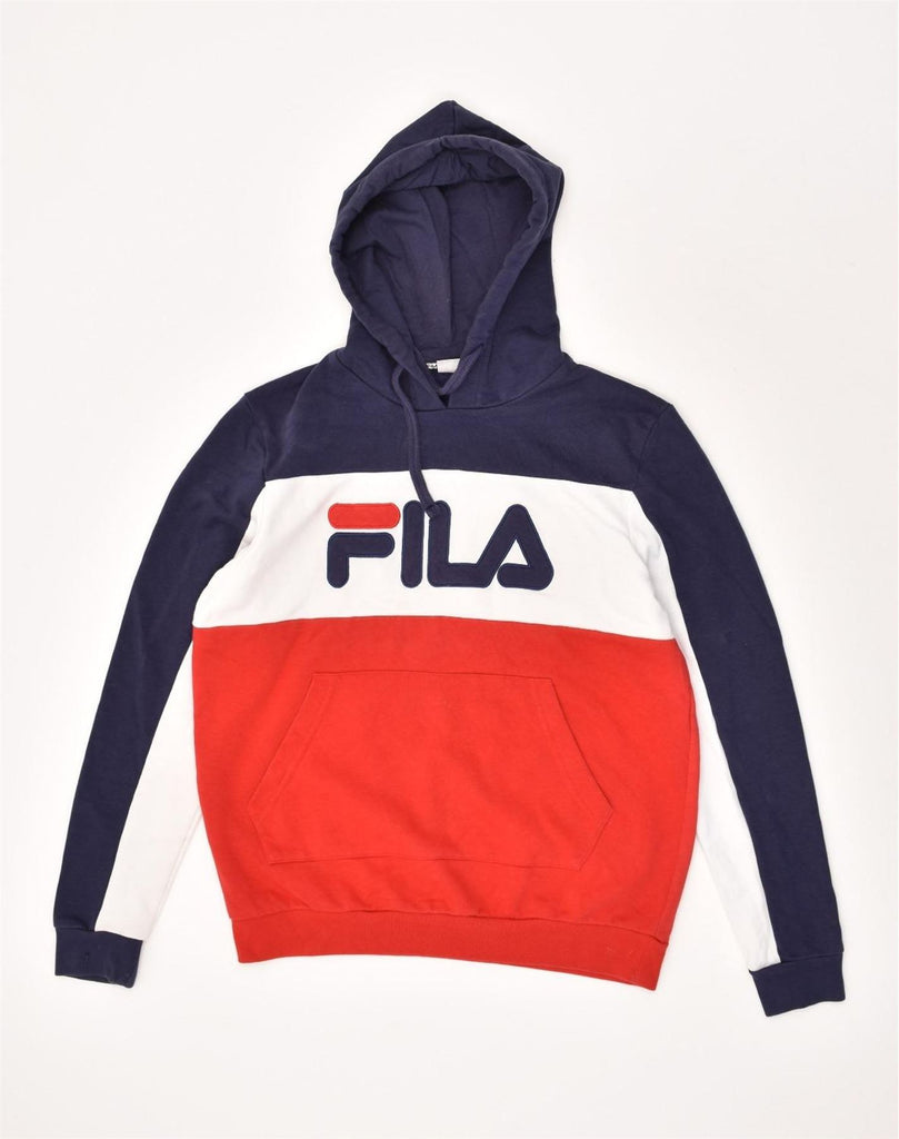 FILA Mens Graphic Hoodie Jumper Medium Multicoloured Colourblock Cotton | Vintage Fila | Thrift | Second-Hand Fila | Used Clothing | Messina Hembry 