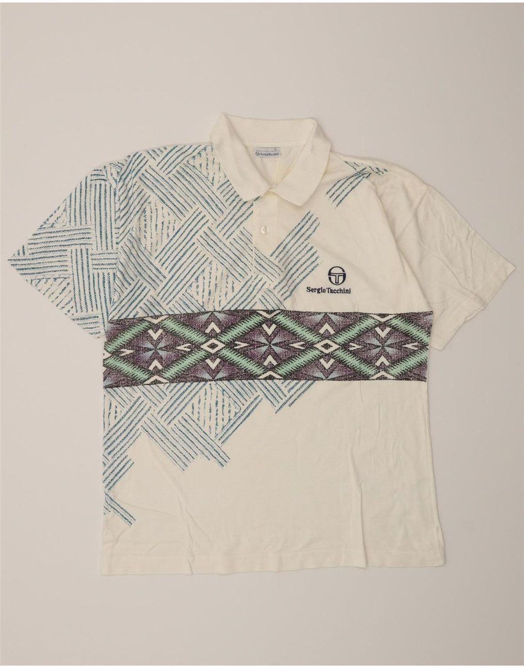 Sergio Tacchini Mens Polo Shirt IT 50 Medium White Geometric Cotton