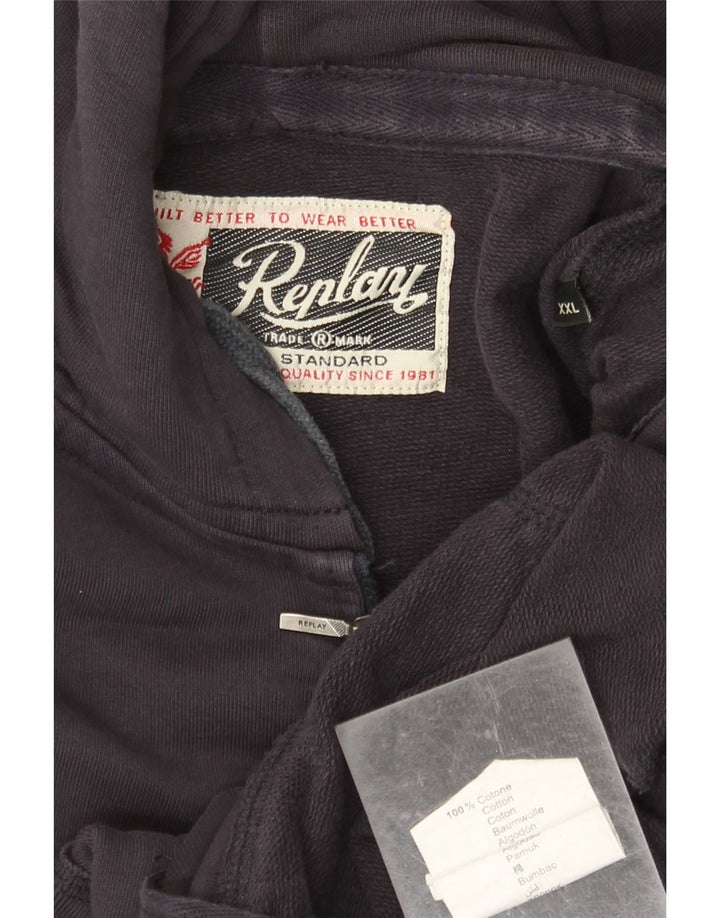 REPLAY Mens Graphic Zip Hoodie Sweater 2XL Navy Blue Cotton