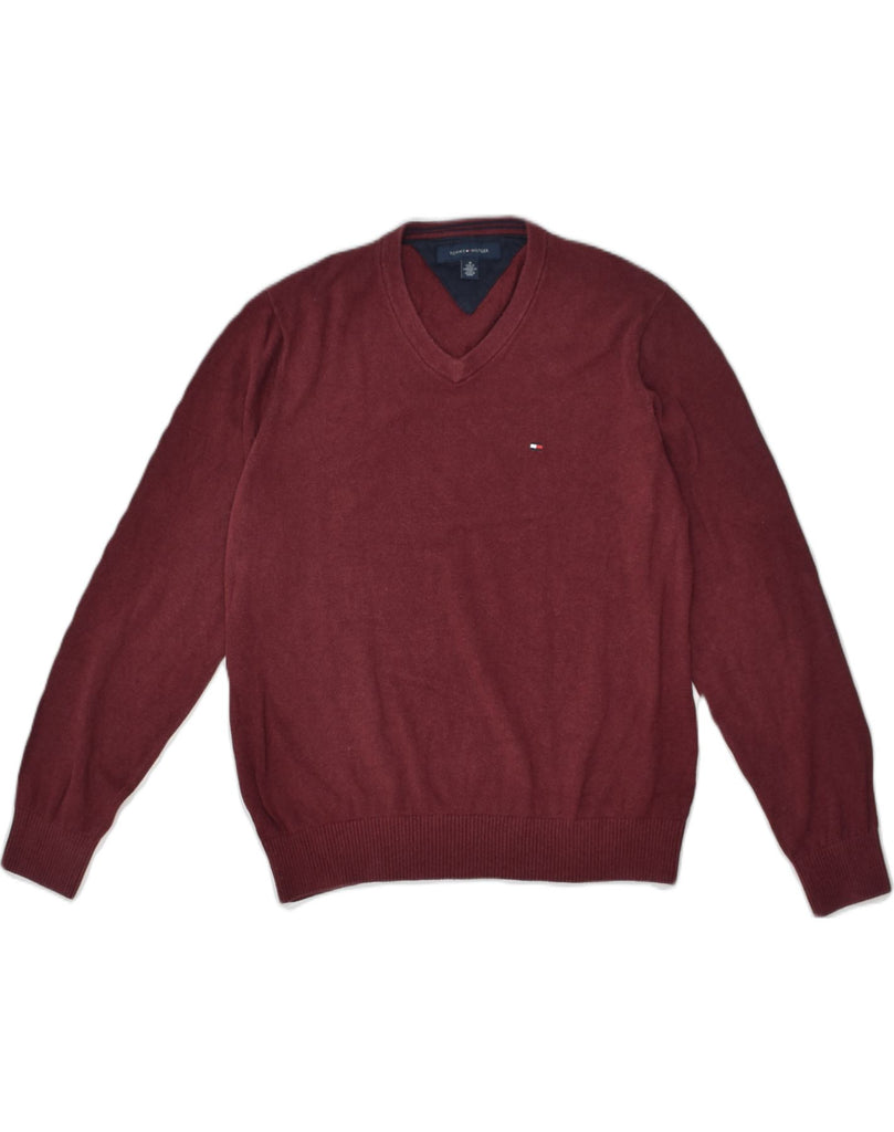 TOMMY HILFIGER Mens V-Neck Jumper Sweater Medium Maroon Cotton | Vintage Tommy Hilfiger | Thrift | Second-Hand Tommy Hilfiger | Used Clothing | Messina Hembry 