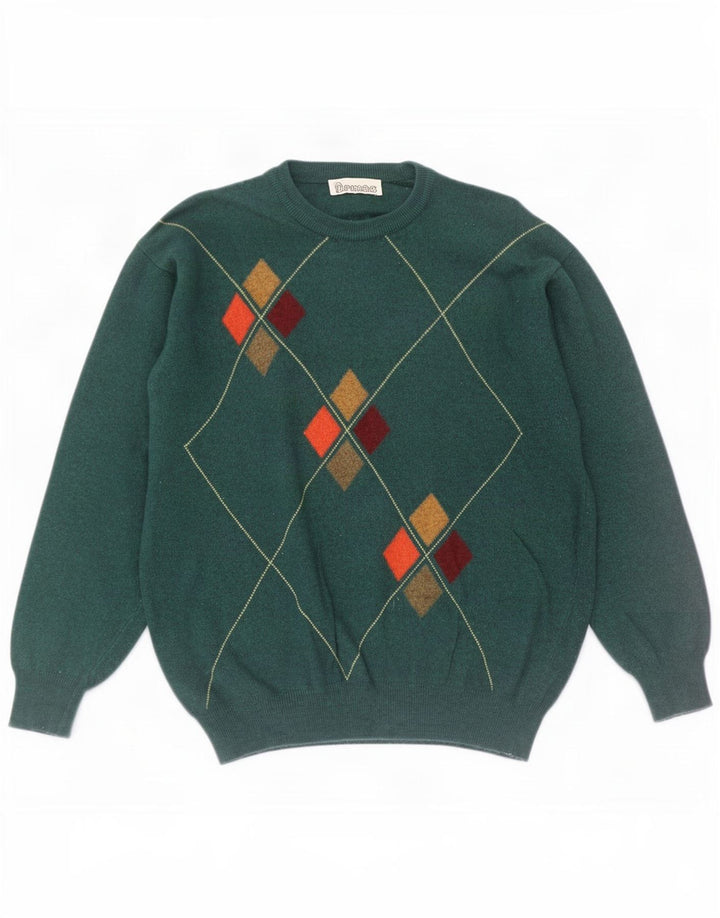 Vintage Mens Crew Neck Jumper Sweater Medium Green Argyle/Diamond