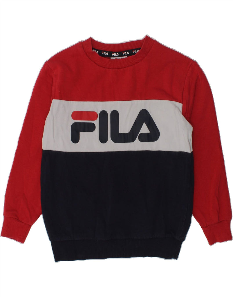 FILA Boys Graphic Sweatshirt Jumper 5-6 Years Red Colourblock Cotton | Vintage Fila | Thrift | Second-Hand Fila | Used Clothing | Messina Hembry 