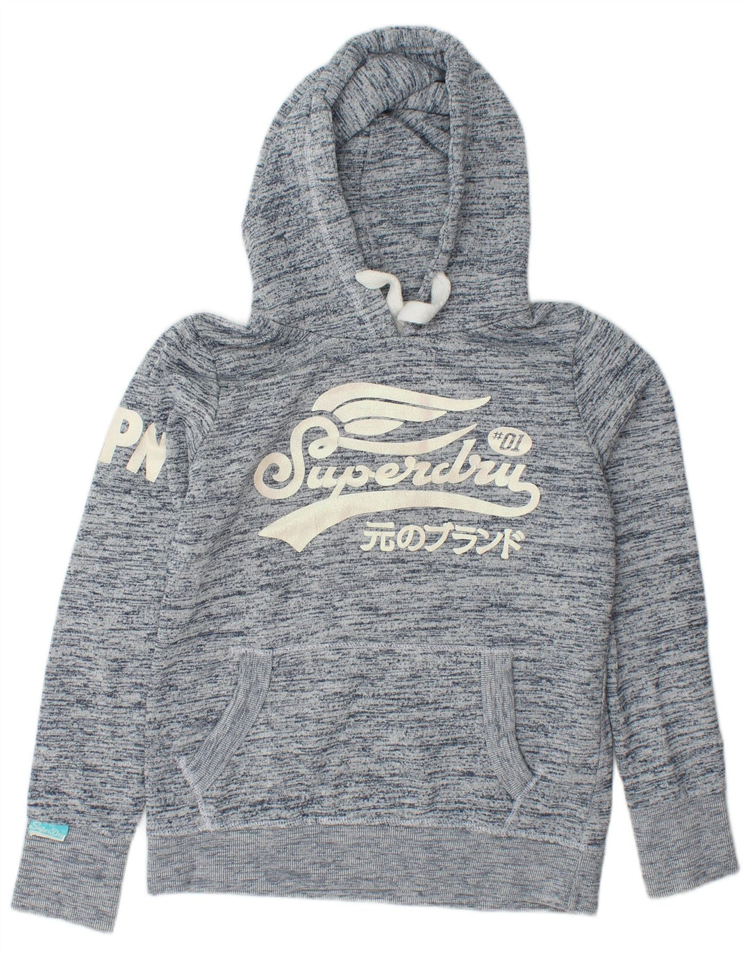 SUPERDRY Womens Graphic Hoodie Jumper UK 16 Large Navy Blue Flecked Cotton