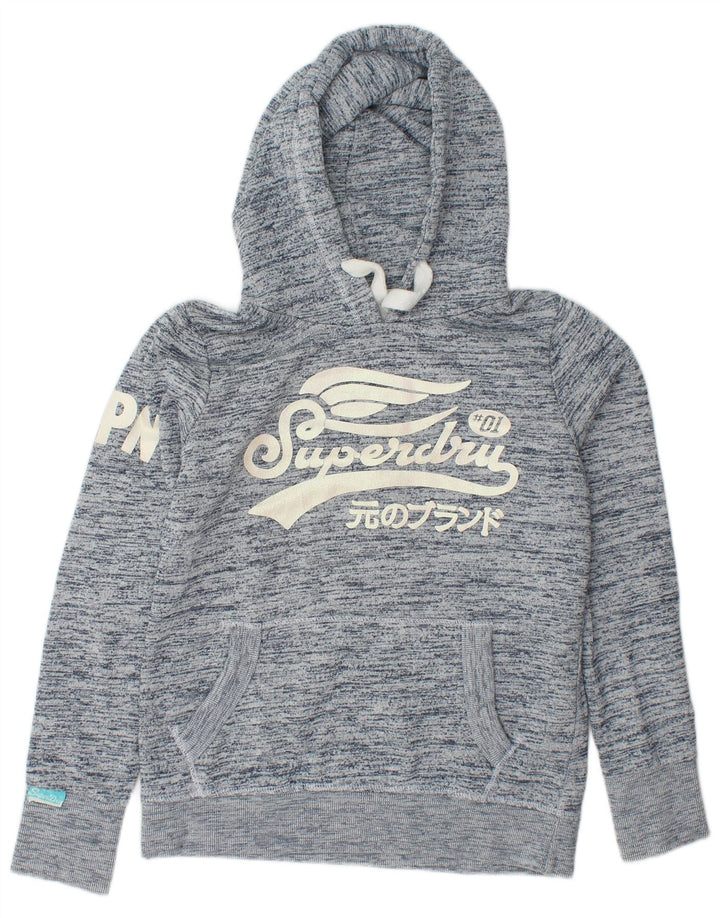 SUPERDRY Womens Graphic Hoodie Jumper UK 16 Large Navy Blue Flecked Cotton