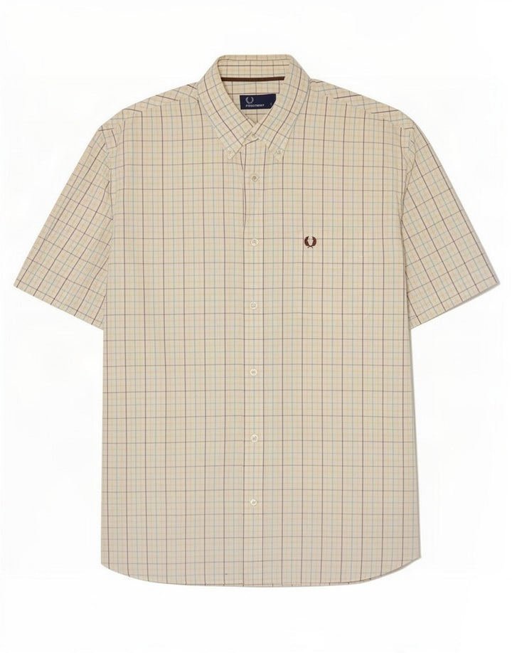 Fred Perry Mens Short Sleeve Shirt Large White Check Cotton