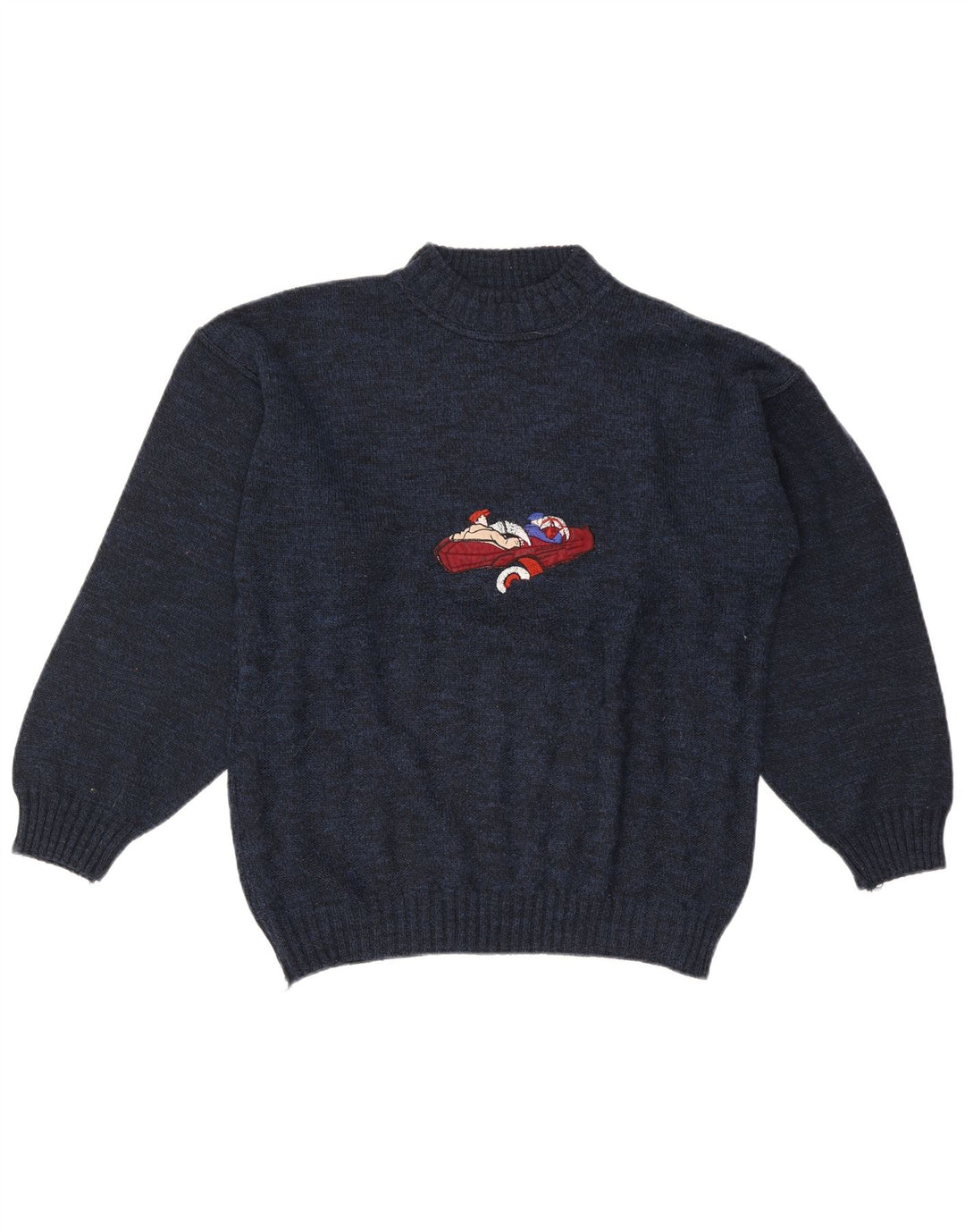 Vintage Mens Graphic Turtle Neck Jumper Sweater Large Navy Blue