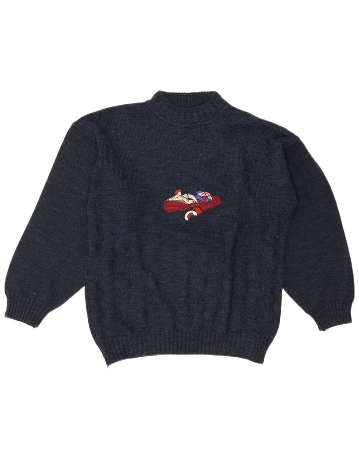 Vintage Mens Graphic Turtle Neck Jumper Sweater Large Navy Blue