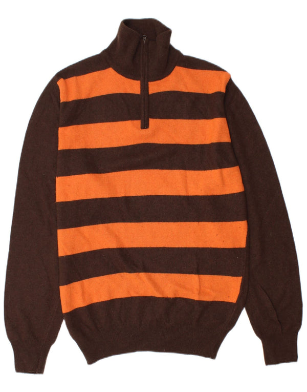 Lee Mens Zip Neck Jumper Sweater Large Brown Striped Merino Wool