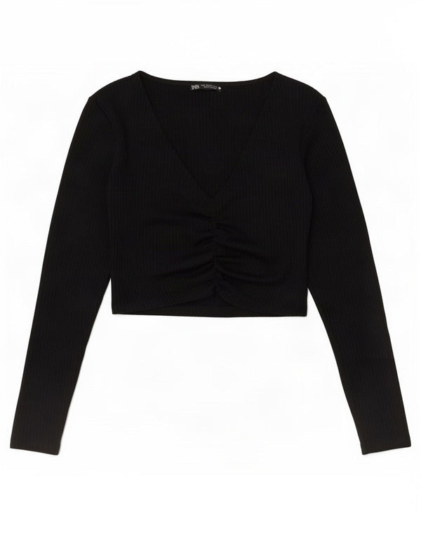 Zara Womens Crop Top Long Sleeve UK 12 Medium Black Polyester