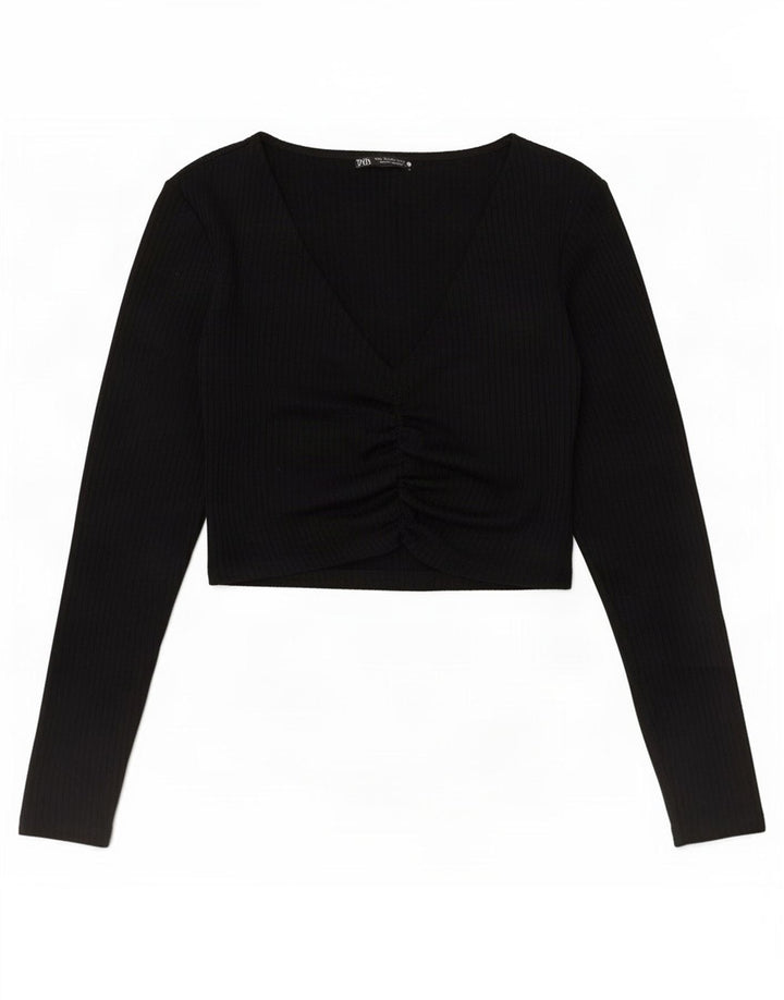 Zara Womens Crop Top Long Sleeve UK 12 Medium Black Polyester