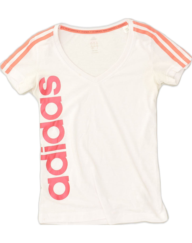 ADIDAS Womens Graphic T-Shirt Top UK 4/6 XS White Polyester | Vintage Adidas | Thrift | Second-Hand Adidas | Used Clothing | Messina Hembry 