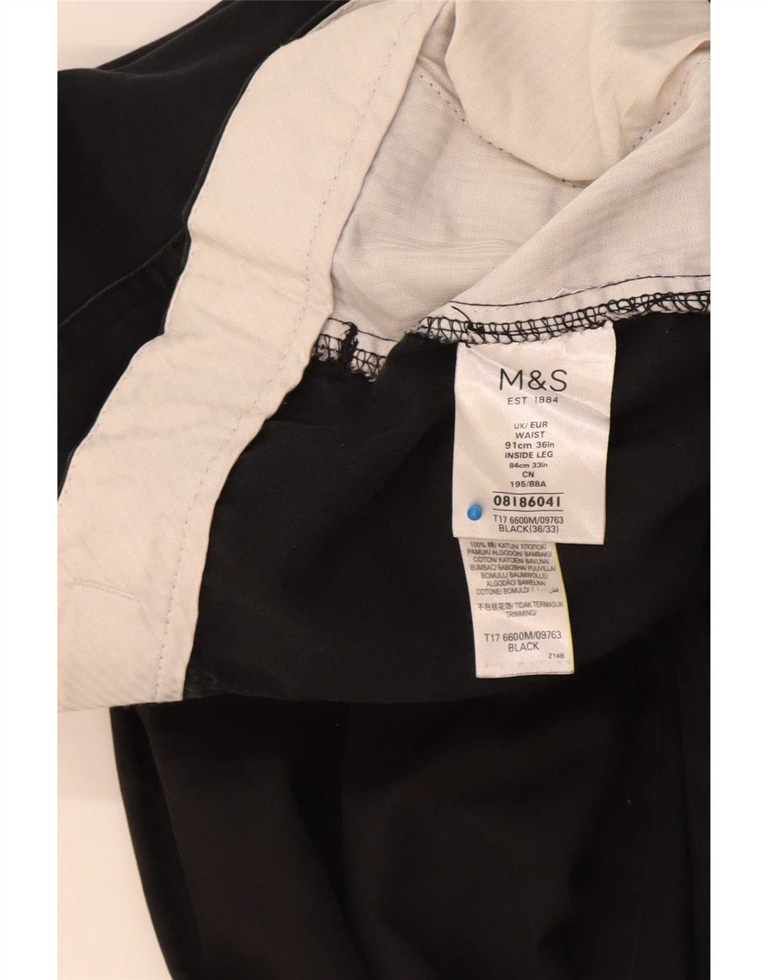 Marks & Spencer Mens Straight Chino Trousers W36 L33 Black Cotton