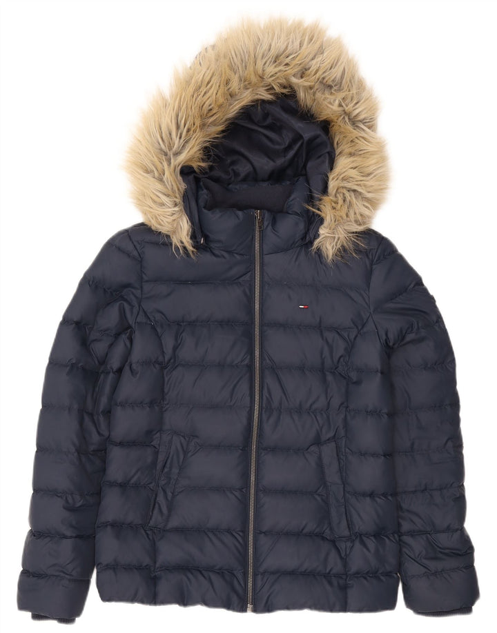 Tommy Hilfiger Womens Hooded Padded Jacket UK 12 Medium Navy Blue Polyester