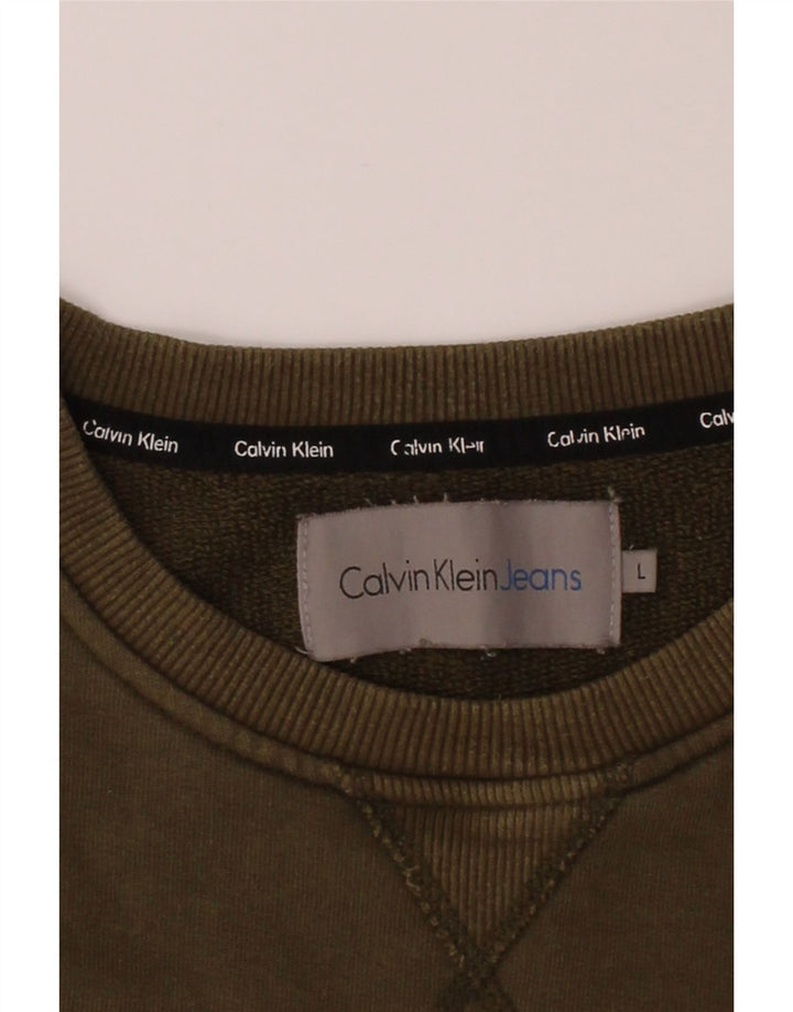 CALVIN KLEIN JEANS Mens Graphic Sweatshirt Jumper Large Khaki Cotton Vintage Calvin Klein Jeans and Second-Hand Calvin Klein Jeans from Messina Hembry 