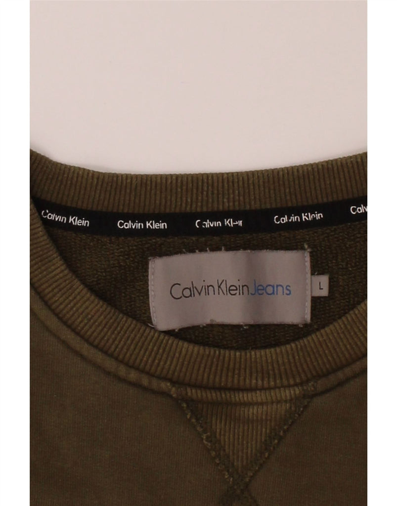 CALVIN KLEIN JEANS Mens Graphic Sweatshirt Jumper Large Khaki Cotton Vintage Calvin Klein Jeans and Second-Hand Calvin Klein Jeans from Messina Hembry 