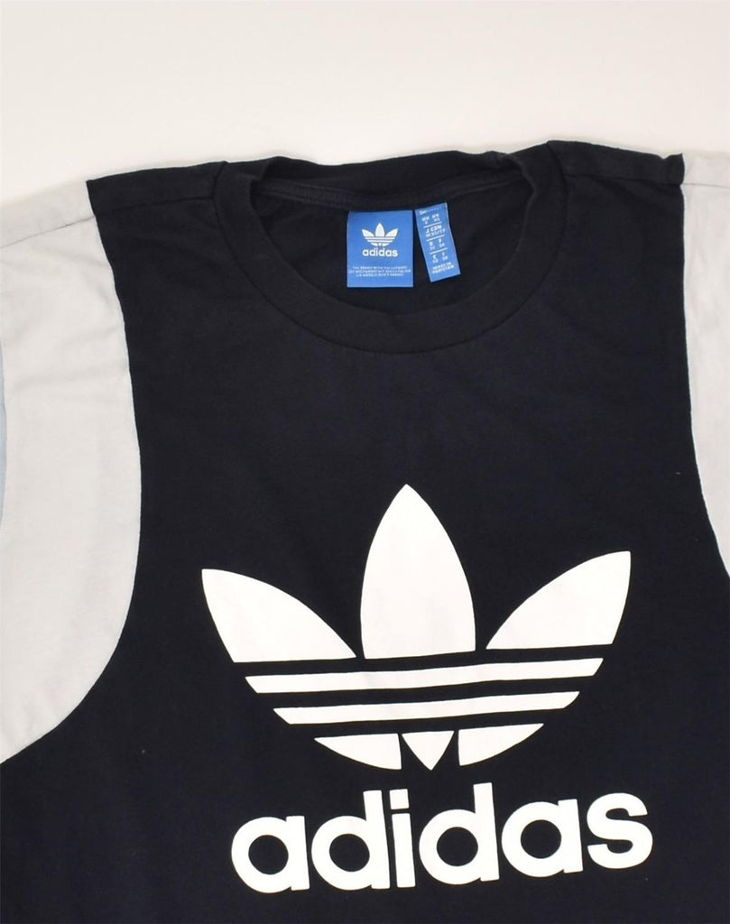 ADIDAS Womens Graphic T-Shirt Top UK 6 XS  Navy Blue Colourblock Cotton | Vintage Adidas | Thrift | Second-Hand Adidas | Used Clothing | Messina Hembry 