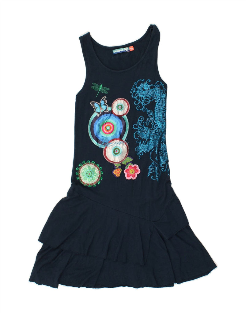 DESIGUAL Girls Sleeveless Drop Waist Dress 9-10 Years Navy Blue Floral | Vintage Desigual | Thrift | Second-Hand Desigual | Used Clothing | Messina Hembry 