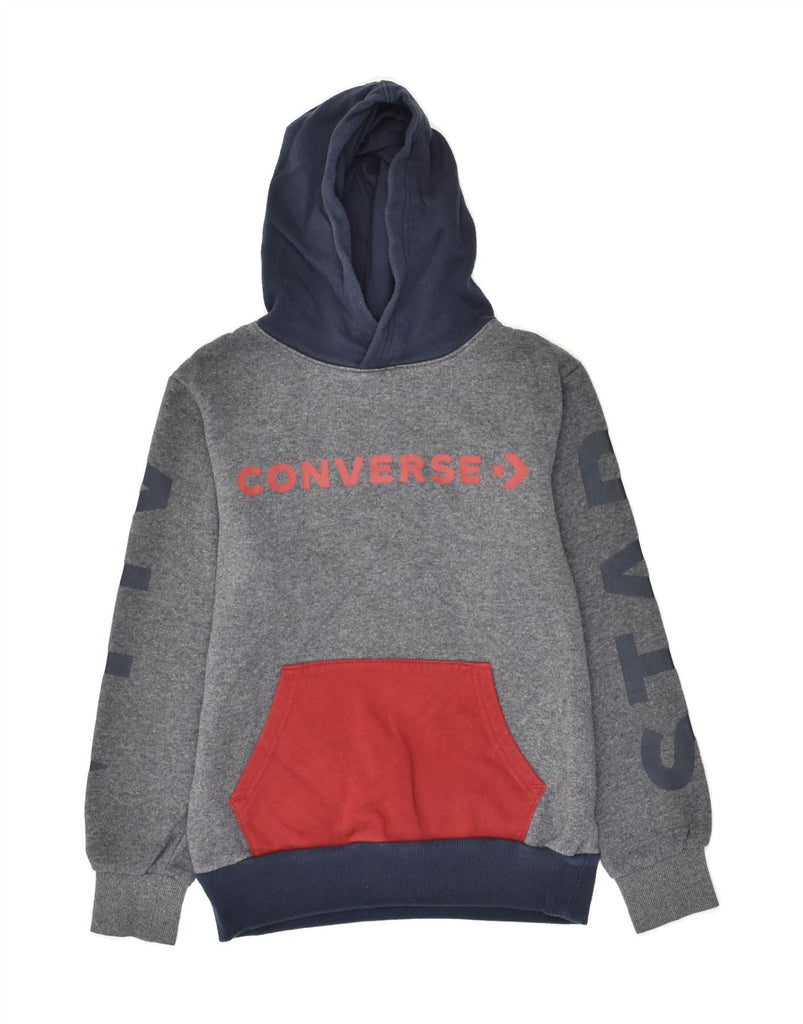 CONVERSE Boys Graphic Hoodie Jumper 10-11 Years Medium Grey Colourblock | Vintage Converse | Thrift | Second-Hand Converse | Used Clothing | Messina Hembry 