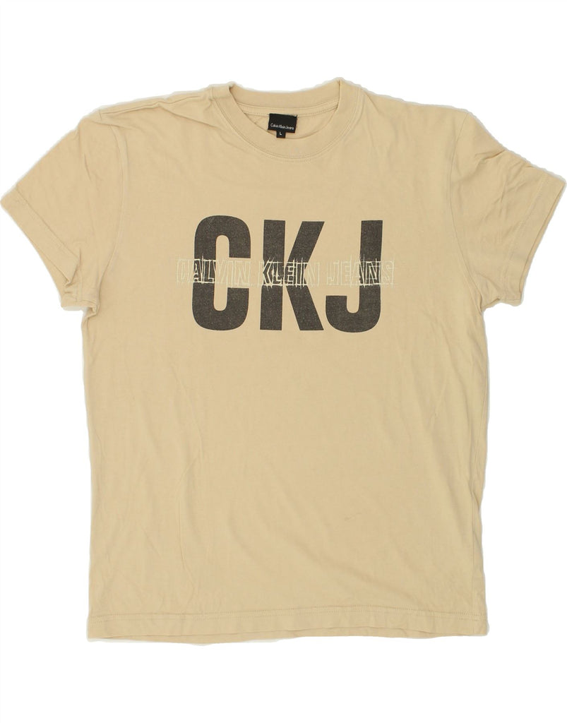 CALVIN KLEIN JEANS Mens Graphic T-Shirt Top Large Beige Cotton | Vintage Calvin Klein Jeans | Thrift | Second-Hand Calvin Klein Jeans | Used Clothing | Messina Hembry 