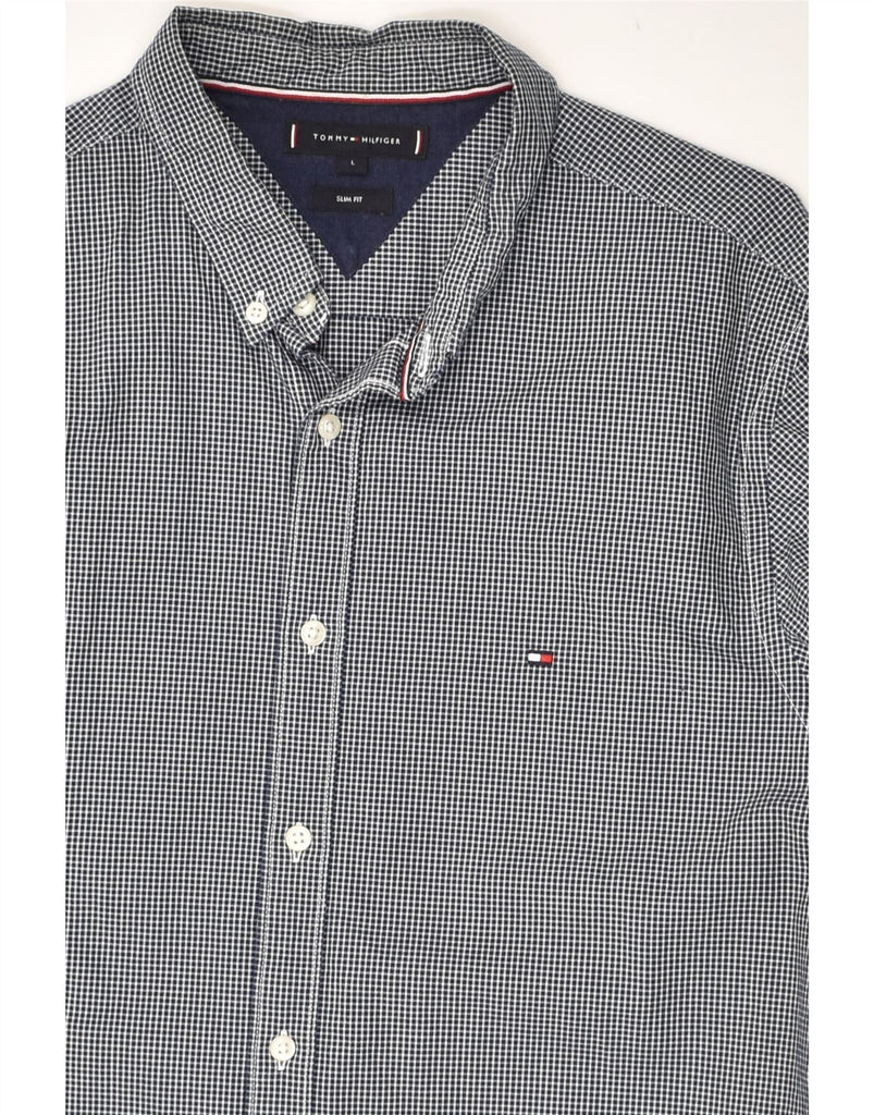 TOMMY HILFIGER Mens Slim Fit Shirt Large Navy Blue Check Cotton | Vintage Tommy Hilfiger | Thrift | Second-Hand Tommy Hilfiger | Used Clothing | Messina Hembry 