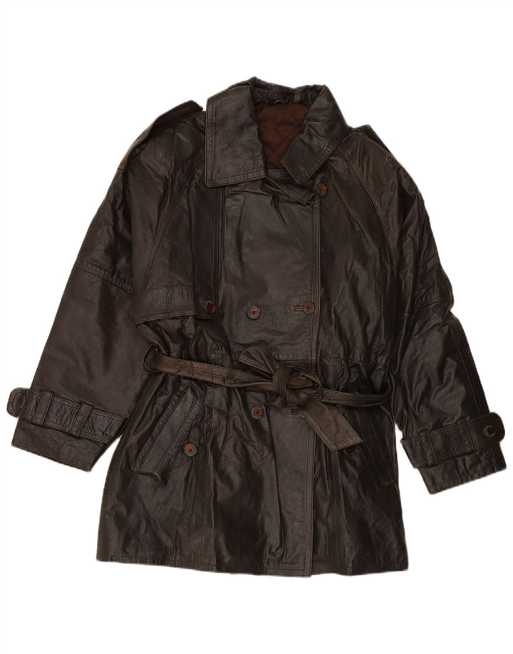 VINTAGE Womens Double Breasted Leather Coat EU 38 Medium Brown Leather