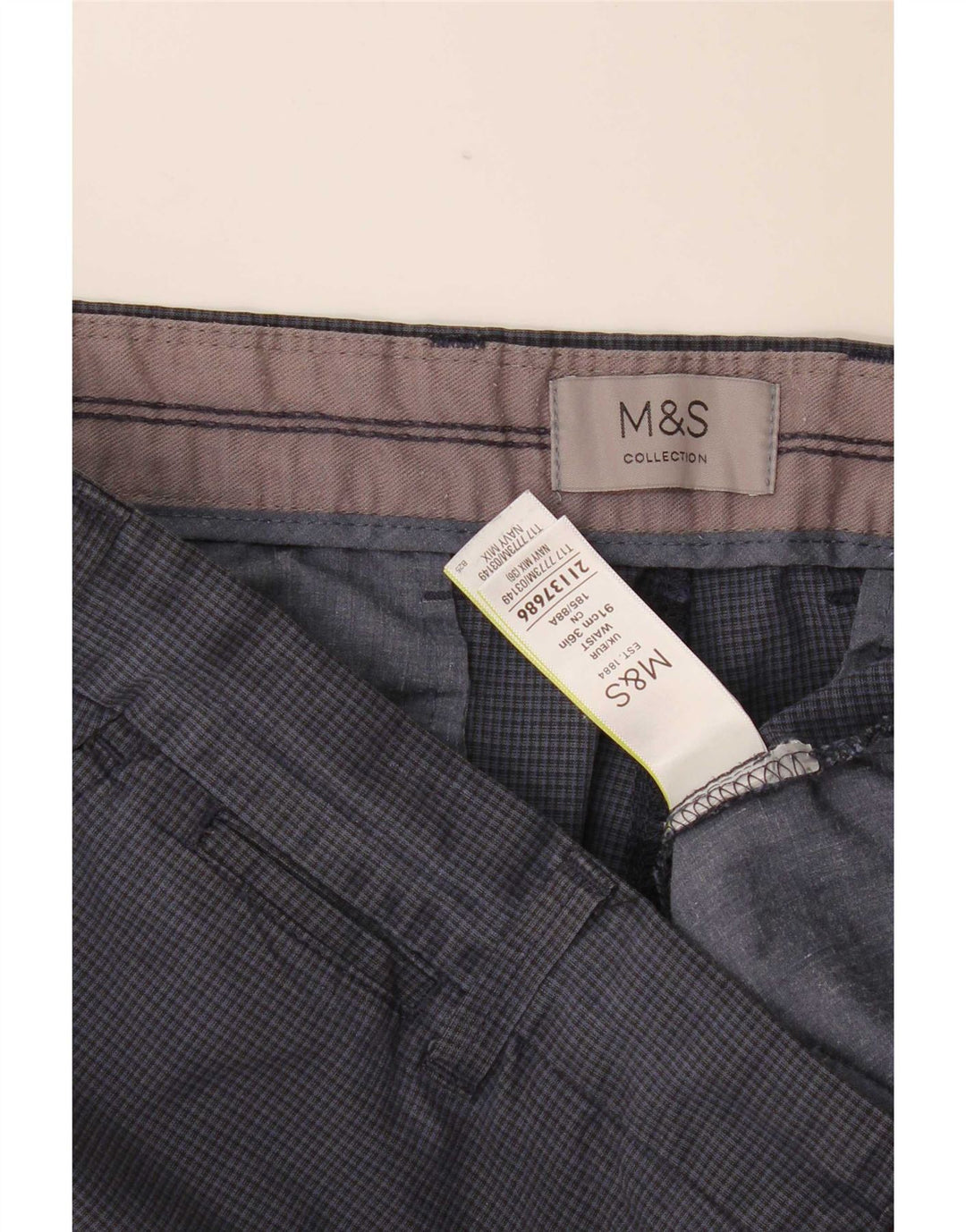 Marks & Spencer Mens Chino Shorts W36 Large Navy Blue Gingham Cotton