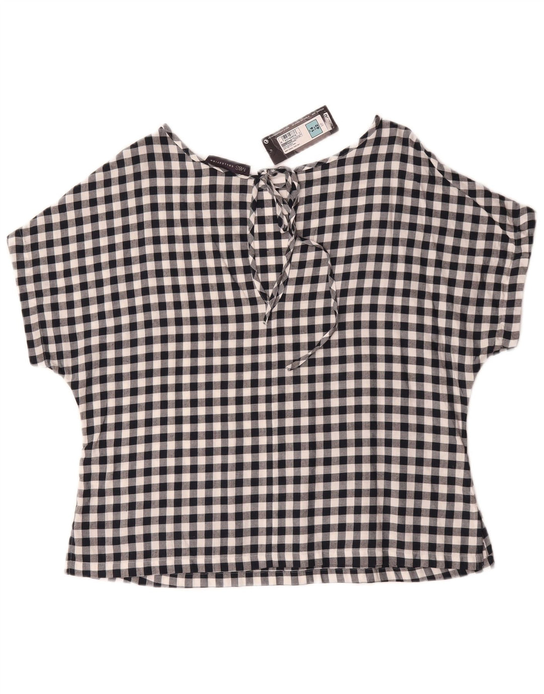 Marks & Spencer Womens Blouse Top UK 14 Large Navy Blue Gingham Cotton