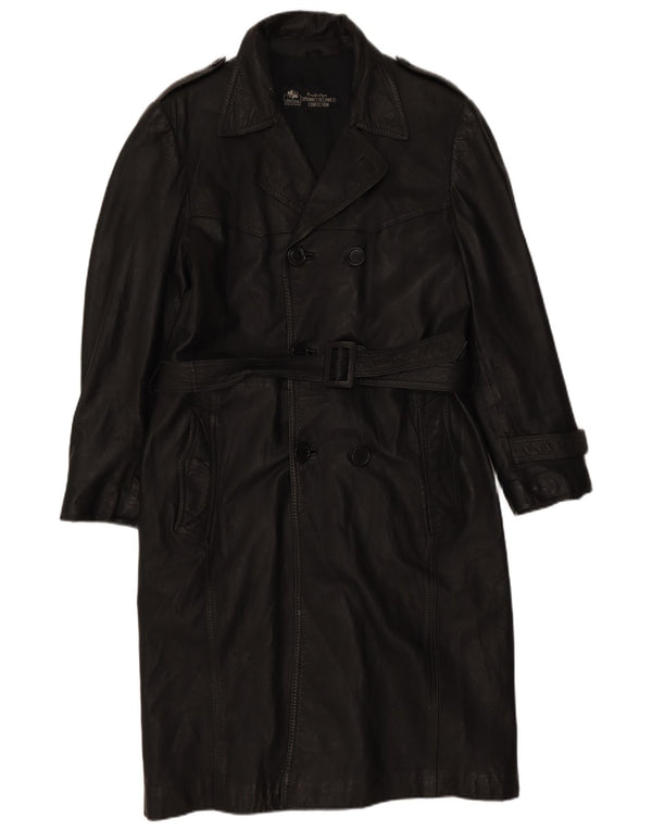 Vintage Mens Military Double Breasted Leather Coat UK 36 Small Black