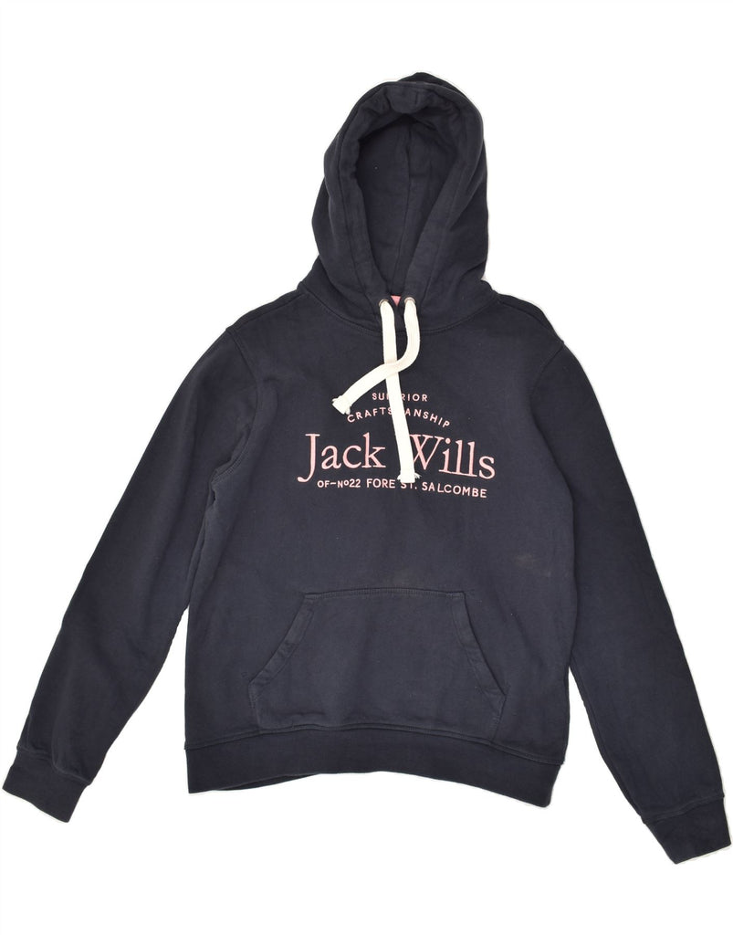 JACK WILLS Womens Graphic Hoodie Jumper UK 12 Medium  Navy Blue Cotton Vintage Jack Wills and Second-Hand Jack Wills from Messina Hembry 