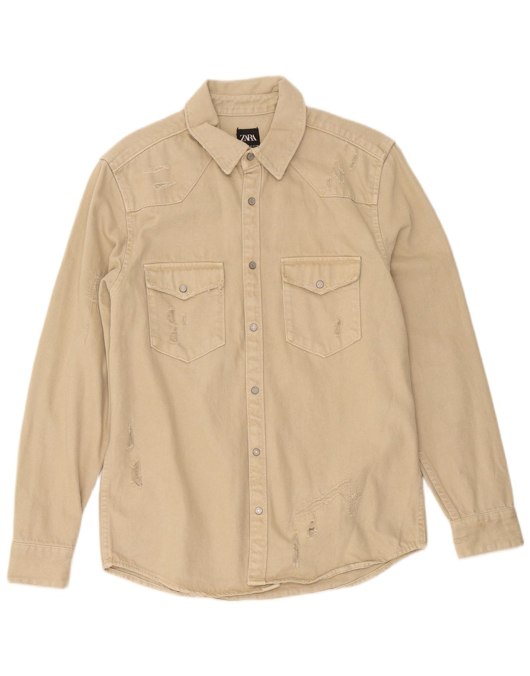 Zara Mens Distressed Denim Shirt Medium Beige Cotton