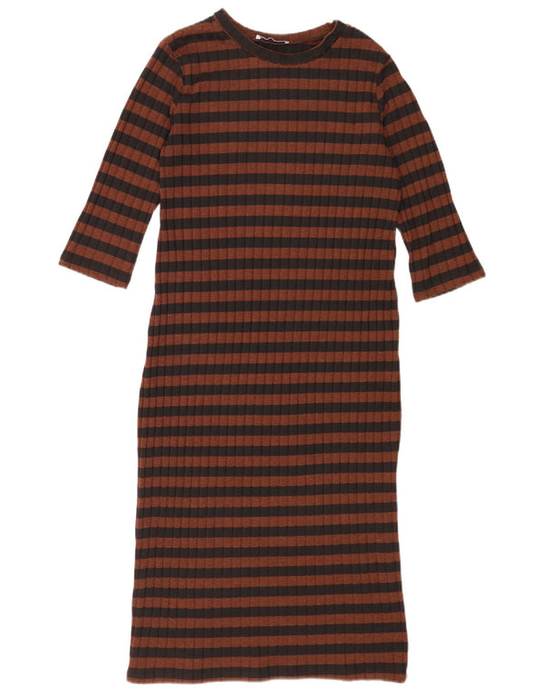 Zara Womens Trafaluc 3/4 Sleeve Jumper Dress UK 12 Medium Brown Striped