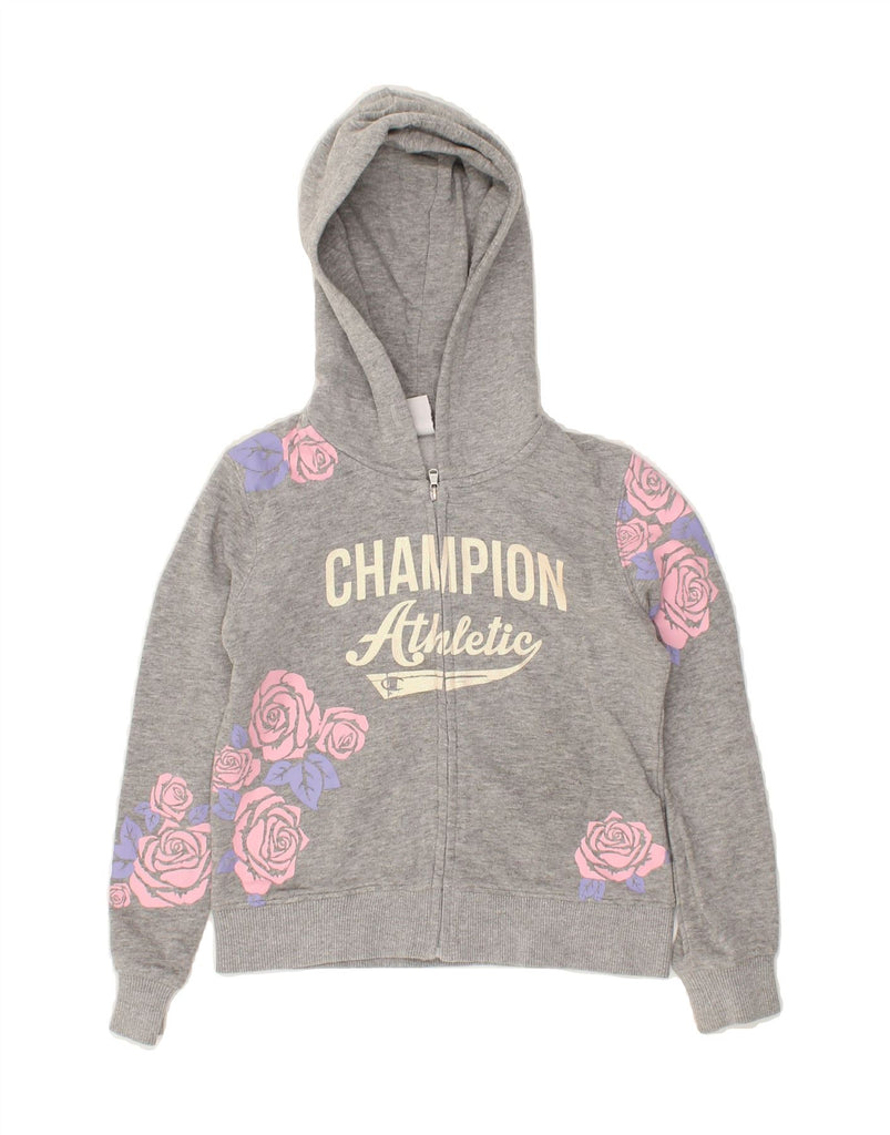 CHAMPION Girls Graphic Zip Hoodie Sweater 5-6 Years XS Grey Floral Cotton | Vintage Champion | Thrift | Second-Hand Champion | Used Clothing | Messina Hembry 