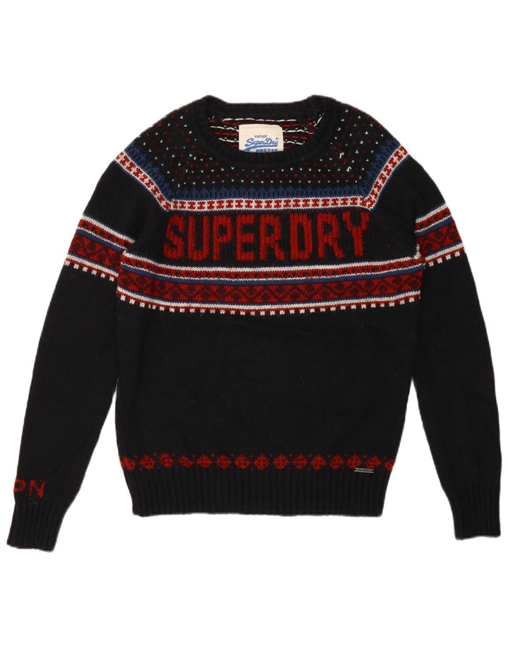 Superdry Mens Graphic Boat Neck Jumper Sweater Medium Black Fair Isle