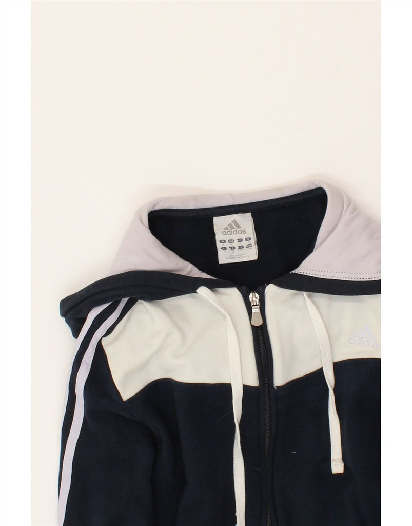ADIDAS Womens Zip Hoodie Sweater UK 12 Medium Navy Blue Colourblock Cotton Vintage Adidas and Second-Hand Adidas from Messina Hembry 