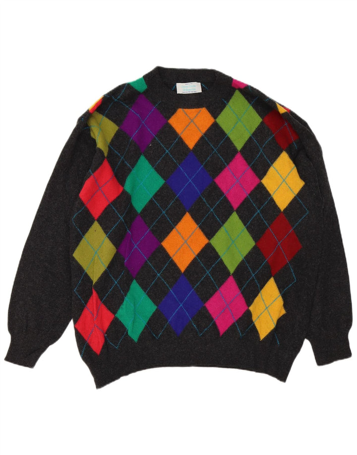Benetton Mens Crew Neck Jumper Sweater IT 50 Medium Grey Argyle/Diamond